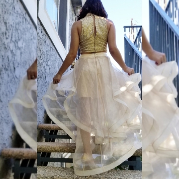 Social Code ✦ Champagne Skirt Set ✦ Sequin Halter Crop + Ruffle Chiffon High-Low - Picture 2 of 16